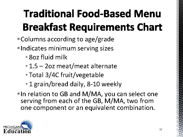 § Columns according to age/grade § Indicates minimum serving sizes • 8 oz fluid