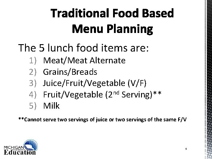 The 5 lunch food items are: 1) 2) 3) 4) 5) Meat/Meat Alternate Grains/Breads