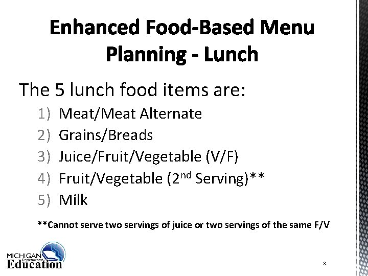 The 5 lunch food items are: 1) 2) 3) 4) 5) Meat/Meat Alternate Grains/Breads