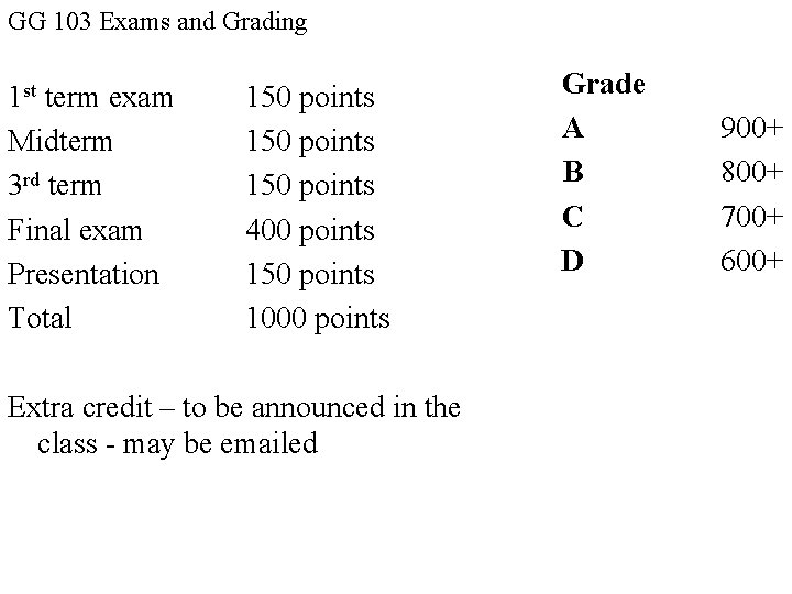 GG 103 Exams and Grading 1 st term exam Midterm 3 rd term Final GG 103 Exams and Grading 1 st term exam Midterm 3 rd term Final