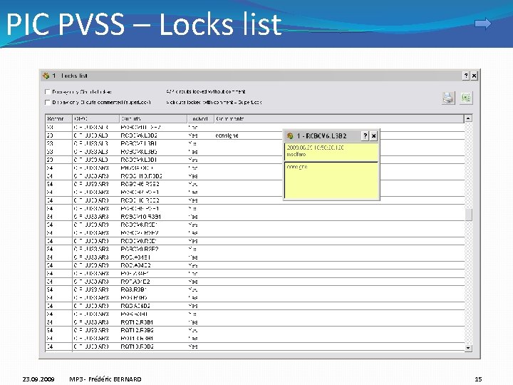 PIC PVSS – Locks list 23. 09. 2009 MP 3 - Frédéric BERNARD 15