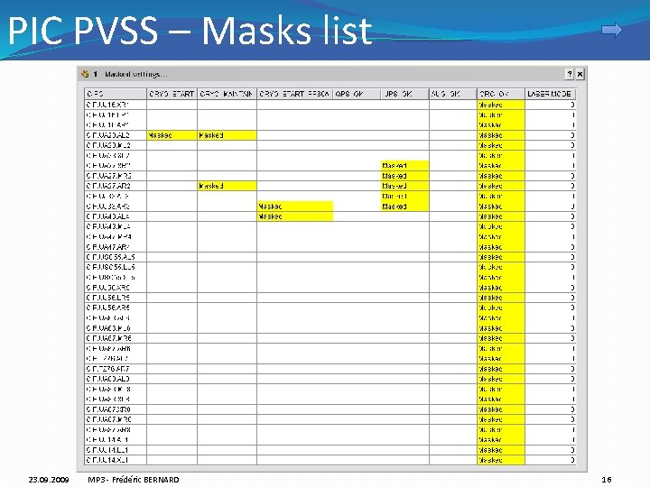 PIC PVSS – Masks list 23. 09. 2009 MP 3 - Frédéric BERNARD 16