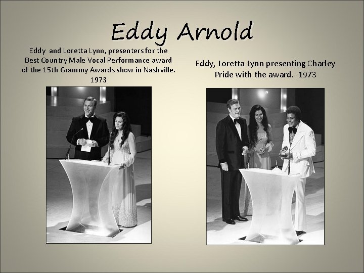 Eddy Arnold Eddy and Loretta Lynn, presenters for the Best Country Male Vocal Performance