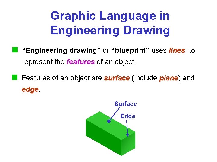 Graphic Language in Engineering Drawing “Engineering drawing” or “blueprint” uses lines to represent the