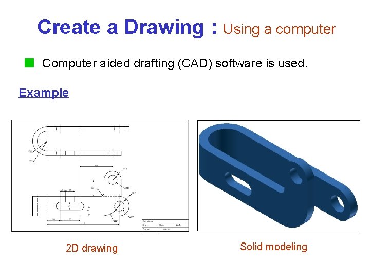 Create a Drawing : Using a computer Computer aided drafting (CAD) software is used.