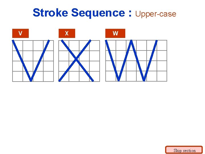 Stroke Sequence : Upper-case V X W Skip section 
