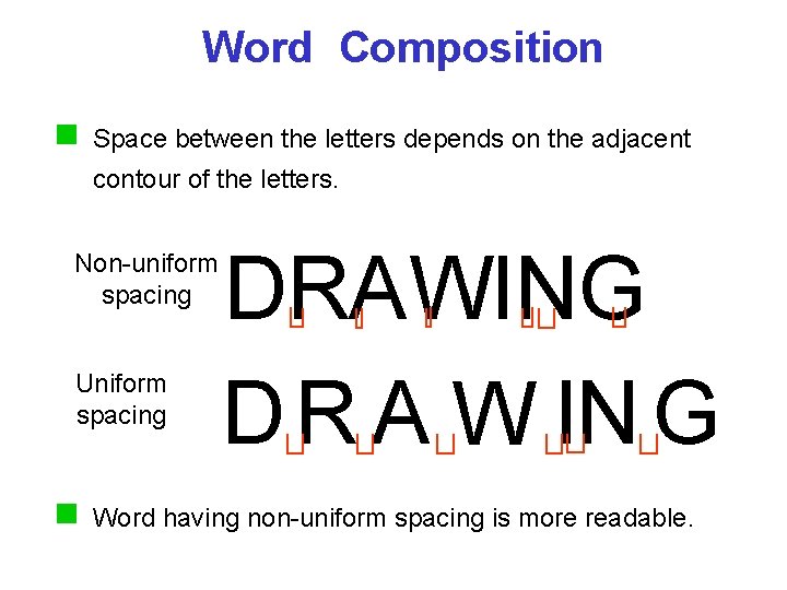 Word Composition Space between the letters depends on the adjacent contour of the letters.
