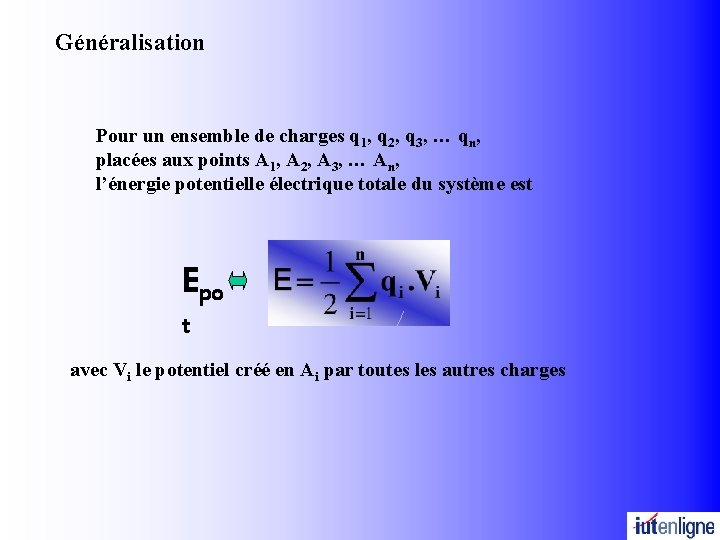 Généralisation Pour un ensemble de charges q 1, q 2, q 3, … qn, Généralisation Pour un ensemble de charges q 1, q 2, q 3, … qn,