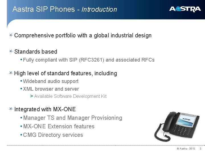 Aastra SIP Phones - Introduction Comprehensive portfolio with a global industrial design Standards based