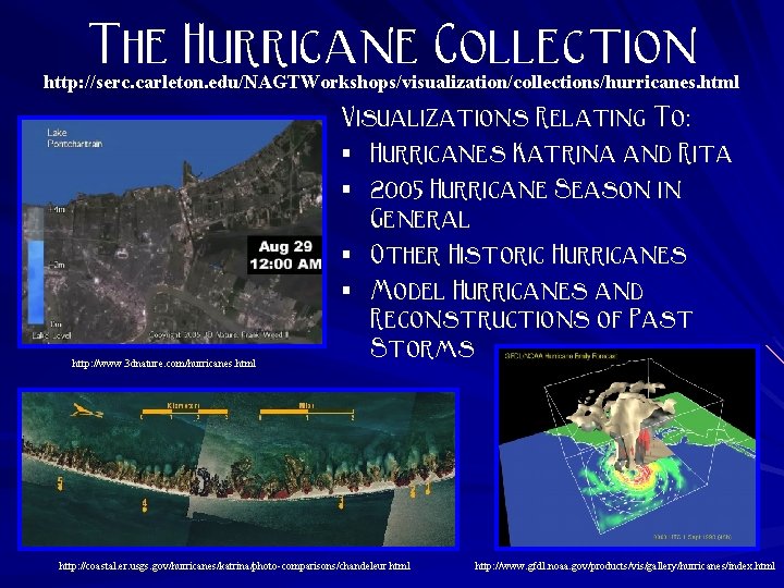 The Hurricane Collection http: //serc. carleton. edu/NAGTWorkshops/visualization/collections/hurricanes. html http: //www. 3 dnature. com/hurricanes. html