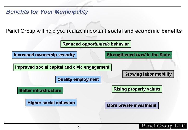 Benefits for Your Municipality Panel Group will help you realize important social and economic