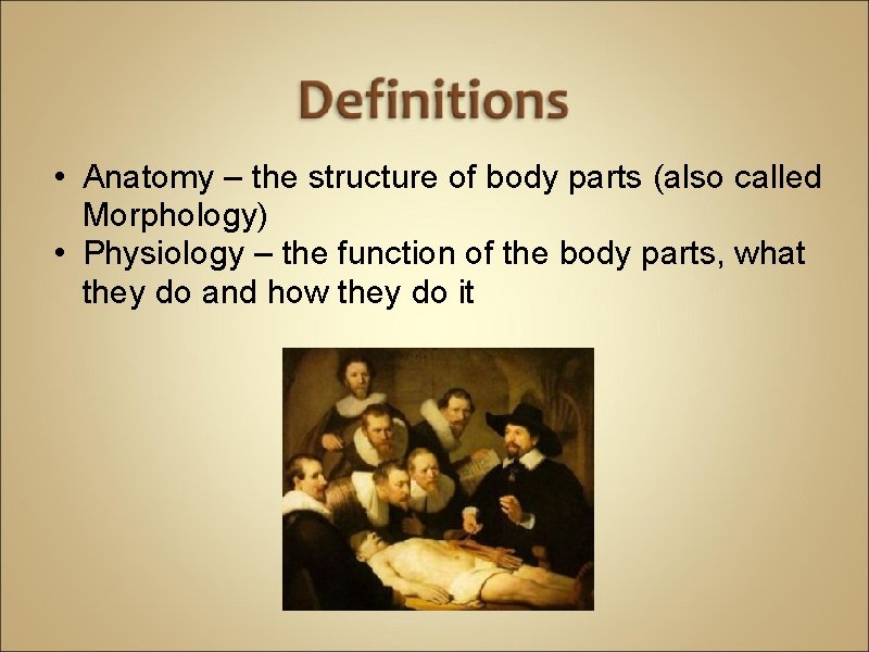  • Anatomy – the structure of body parts (also called Morphology) • Physiology
