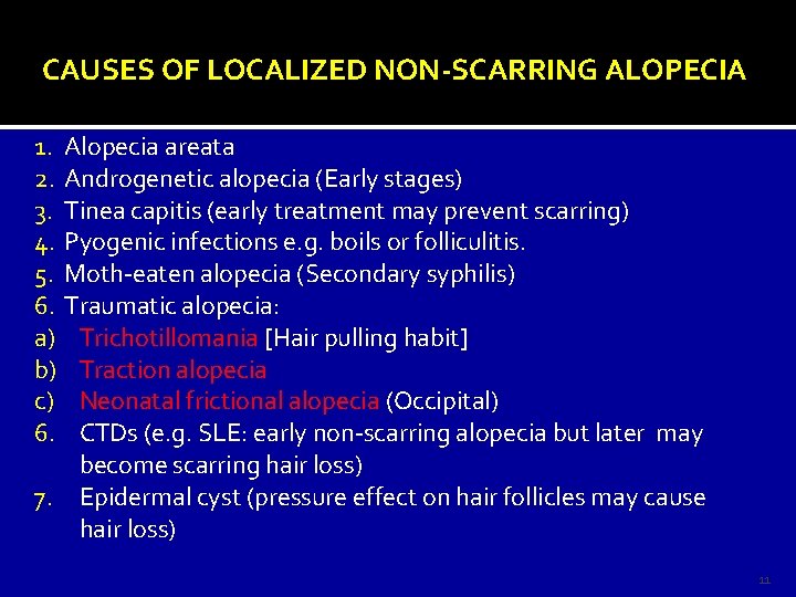 CAUSES OF LOCALIZED NON-SCARRING ALOPECIA 1. Alopecia areata 2. Androgenetic alopecia (Early stages) 3.