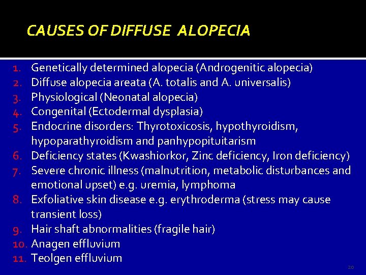 CAUSES OF DIFFUSE ALOPECIA 1. 2. 3. 4. 5. Genetically determined alopecia (Androgenitic alopecia)