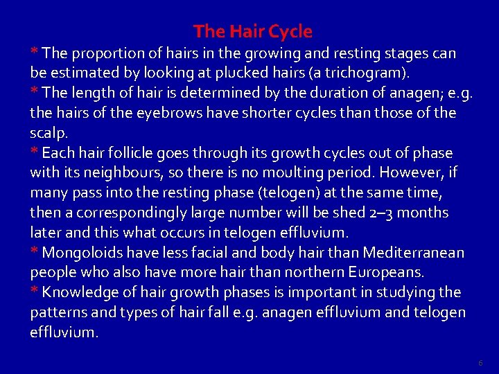 The Hair Cycle * The proportion of hairs in the growing and resting stages