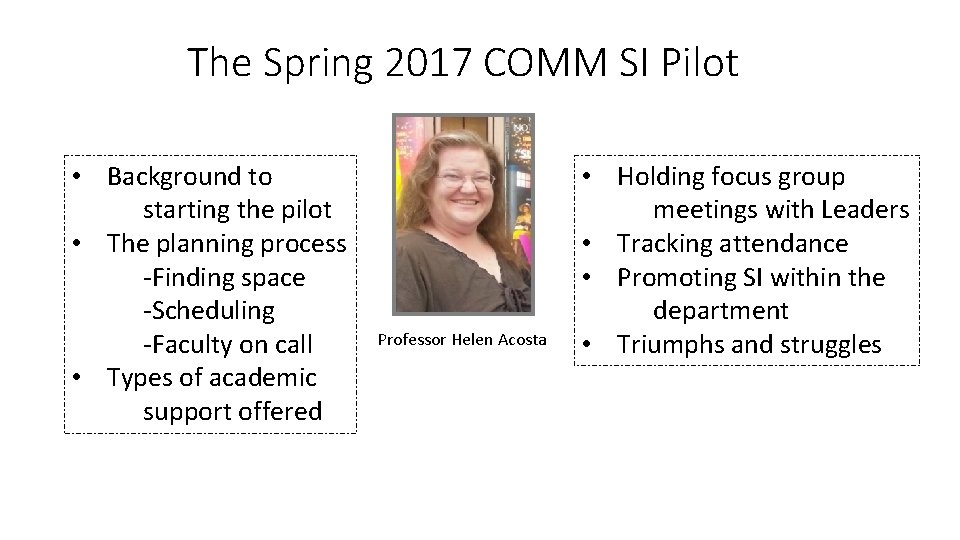 The Spring 2017 COMM SI Pilot • Background to starting the pilot • The