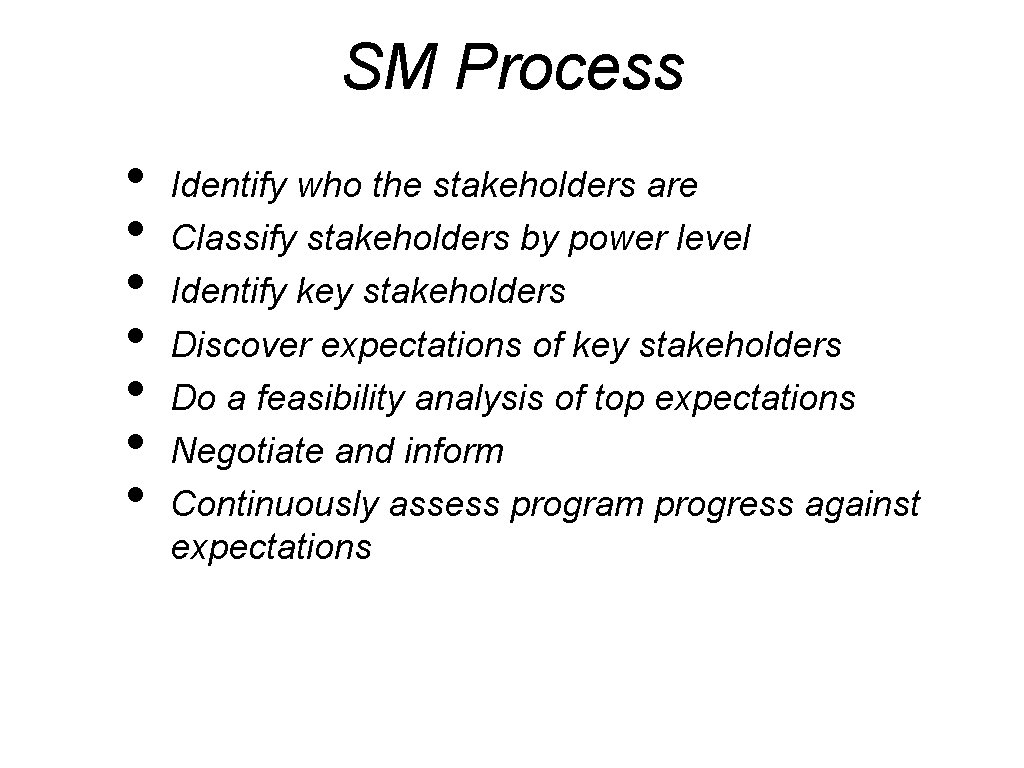 SM Process • • Identify who the stakeholders are Classify stakeholders by power level