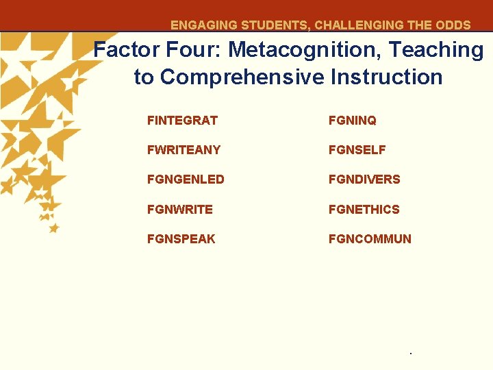 ENGAGING STUDENTS, CHALLENGING THE ODDS Factor Four: Metacognition, Teaching to Comprehensive Instruction FINTEGRAT FGNINQ