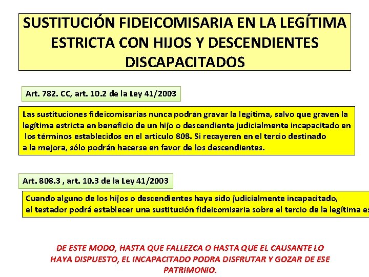 SUSTITUCIÓN FIDEICOMISARIA EN LA LEGÍTIMA ESTRICTA CON HIJOS Y DESCENDIENTES DISCAPACITADOS Art. 782. CC,