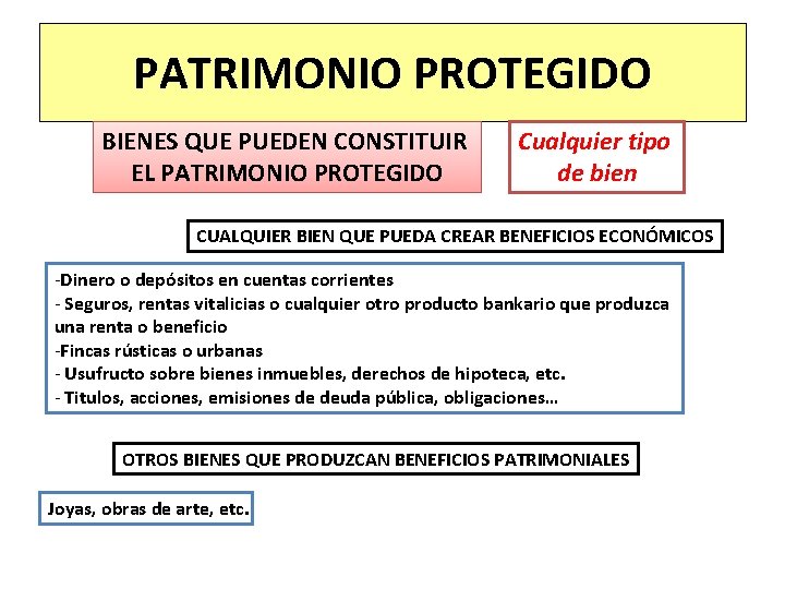 PATRIMONIO PROTEGIDO BIENES QUE PUEDEN CONSTITUIR EL PATRIMONIO PROTEGIDO Cualquier tipo de bien CUALQUIER