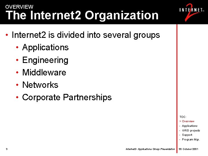 OVERVIEW The Internet 2 Organization • Internet 2 is divided into several groups •