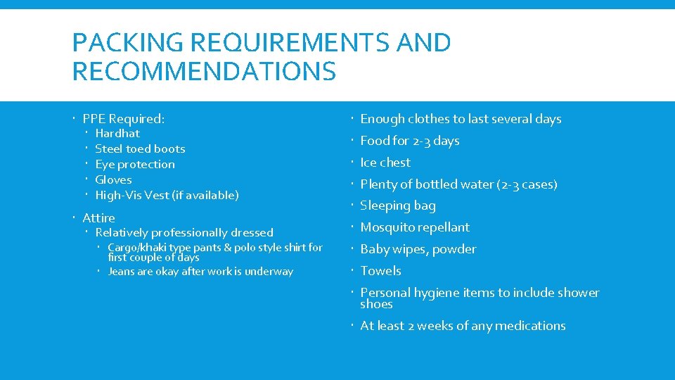 PACKING REQUIREMENTS AND RECOMMENDATIONS PPE Required: Hardhat Steel toed boots Eye protection Gloves High-Vis