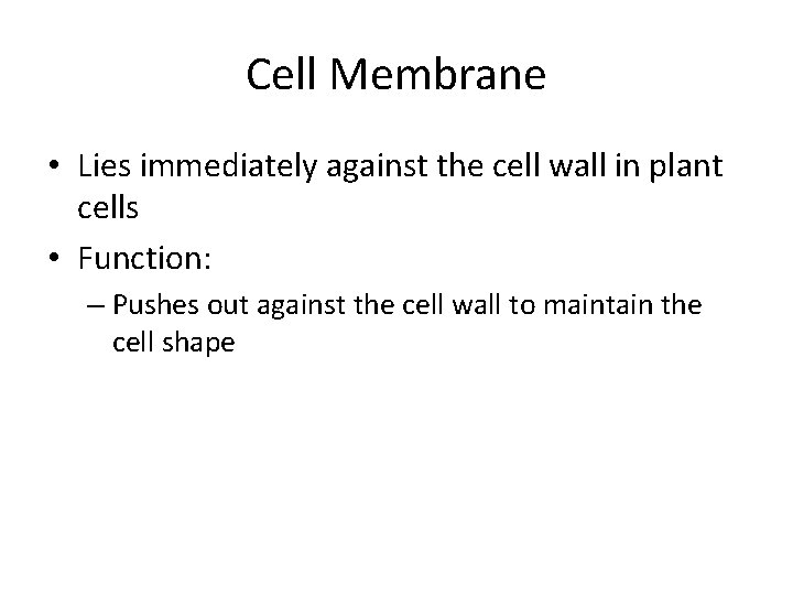 Cell Membrane • Lies immediately against the cell wall in plant cells • Function: