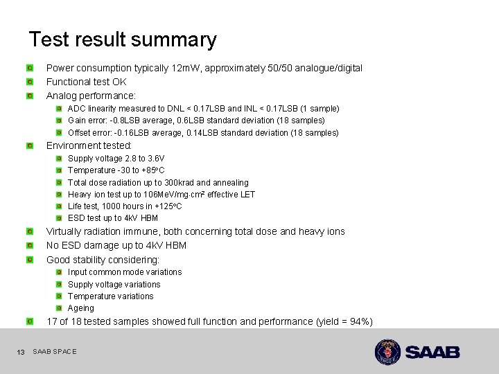 Test result summary Power consumption typically 12 m. W, approximately 50/50 analogue/digital Functional test