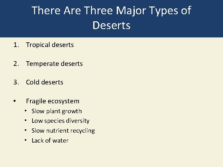 There Are Three Major Types of Deserts 1. Tropical deserts 2. Temperate deserts 3.