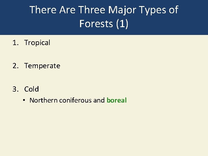 There Are Three Major Types of Forests (1) 1. Tropical 2. Temperate 3. Cold