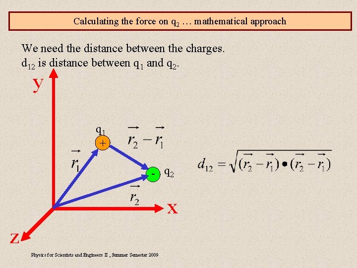 Calculating the force on q 2 … mathematical approach We need the distance between