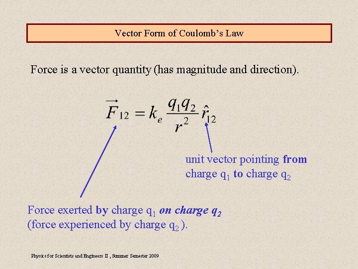 Vector Form of Coulomb’s Law Force is a vector quantity (has magnitude and direction).