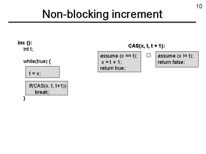 Non-blocking increment inc (): int t; while(true) { t = x; if(CAS(x, t, t+1))