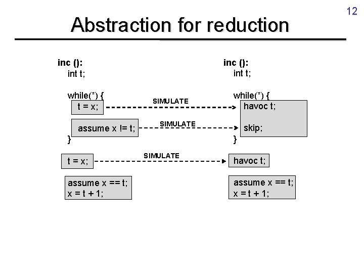 Abstraction for reduction inc (): int t; while(*) { t = x; assume x