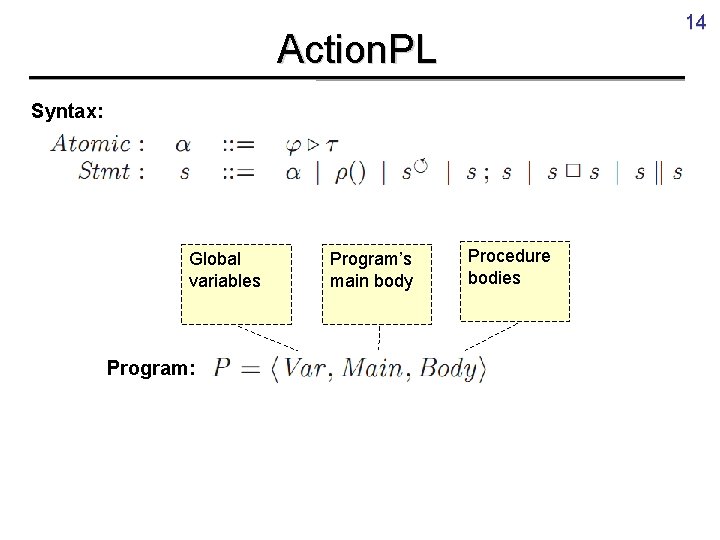 14 Action. PL Syntax: Global variables Program: Program’s main body Procedure bodies 