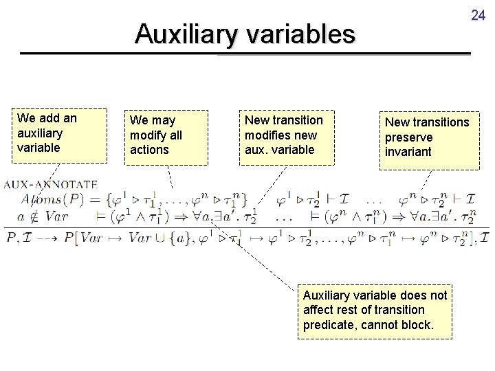 24 Auxiliary variables We add an auxiliary variable We may modify all actions New