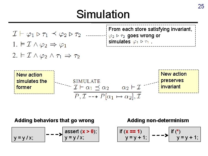 25 Simulation From each store satisfying invariant, goes wrong or simulates. New action preserves