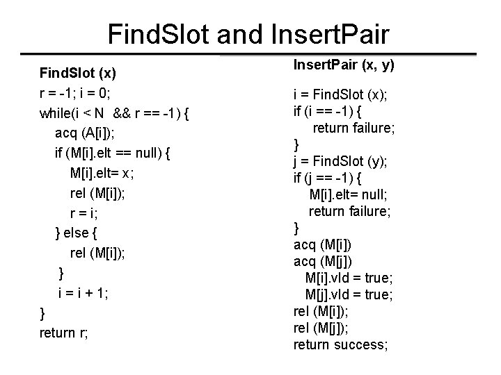 Find. Slot and Insert. Pair Find. Slot (x) r = -1; i = 0;