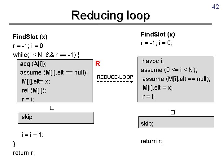 42 Reducing loop Find. Slot (x) r = -1; i = 0; while(i <