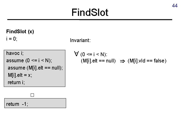 Find. Slot (x) i = 0; havoc i; assume (0 <= i < N);