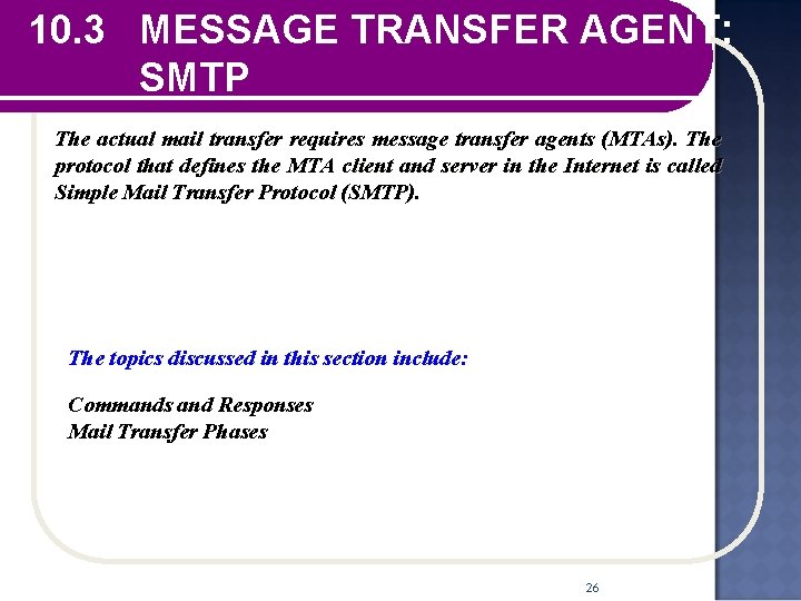 10. 3 MESSAGE TRANSFER AGENT: SMTP The actual mail transfer requires message transfer agents