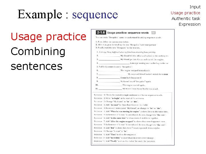 Example : sequence Usage practice Combining sentences Input Usage practice Authentic task Expression 