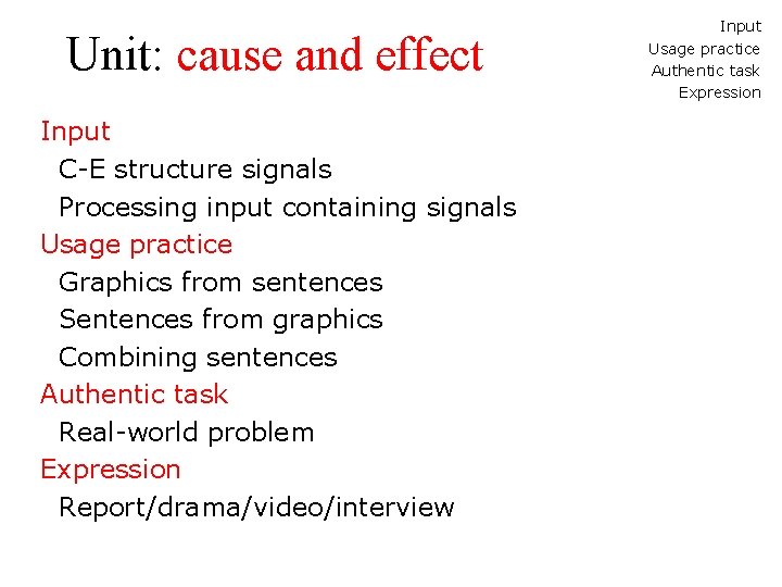 Unit: cause and effect Input C-E structure signals Processing input containing signals Usage practice