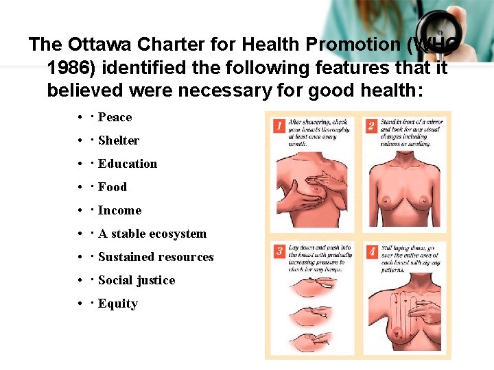 The Ottawa Charter for Health Promotion (WHO 1986) identified the following features that it