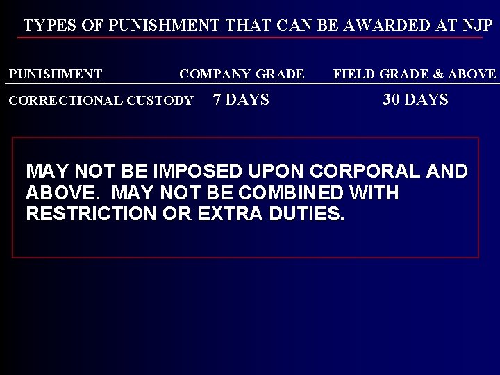 TYPES OF PUNISHMENT THAT CAN BE AWARDED AT NJP PUNISHMENT COMPANY GRADE FIELD GRADE TYPES OF PUNISHMENT THAT CAN BE AWARDED AT NJP PUNISHMENT COMPANY GRADE FIELD GRADE