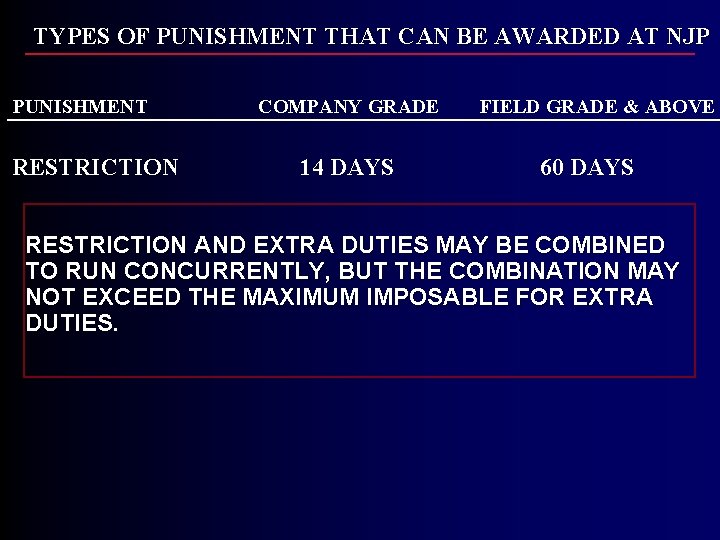 TYPES OF PUNISHMENT THAT CAN BE AWARDED AT NJP PUNISHMENT RESTRICTION COMPANY GRADE 14 TYPES OF PUNISHMENT THAT CAN BE AWARDED AT NJP PUNISHMENT RESTRICTION COMPANY GRADE 14