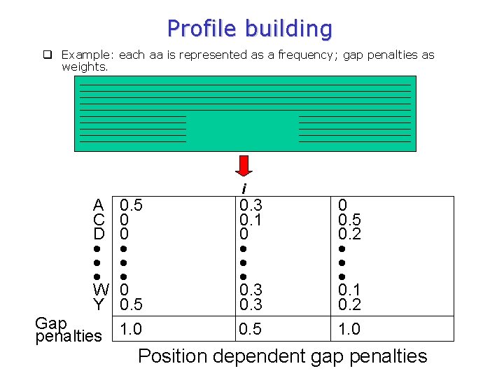 Profile building q Example: each aa is represented as a frequency; gap penalties as