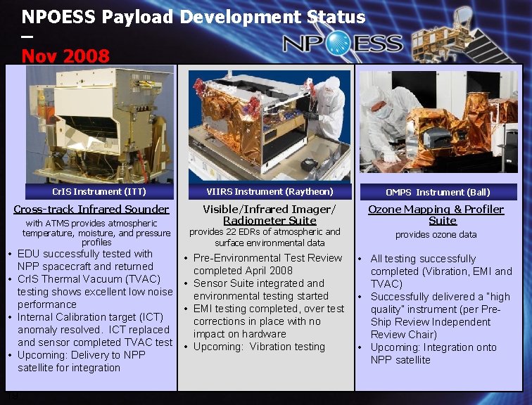 NPOESS Payload Development Status – Nov 2008 Cr. IS Instrument (ITT) Cross-track Infrared Sounder