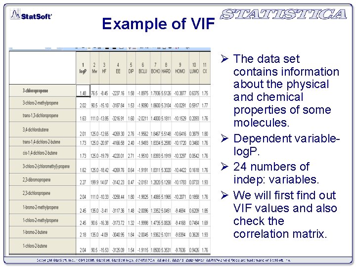 Example of VIF Ø The data set contains information about the physical and chemical