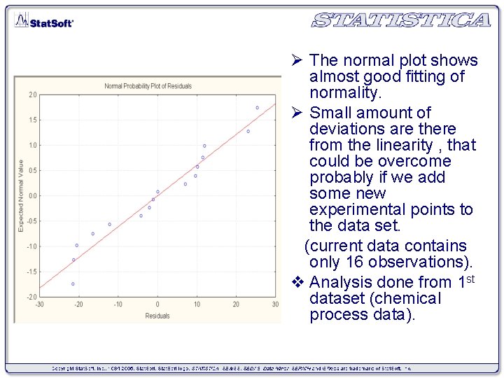 Ø The normal plot shows almost good fitting of normality. Ø Small amount of